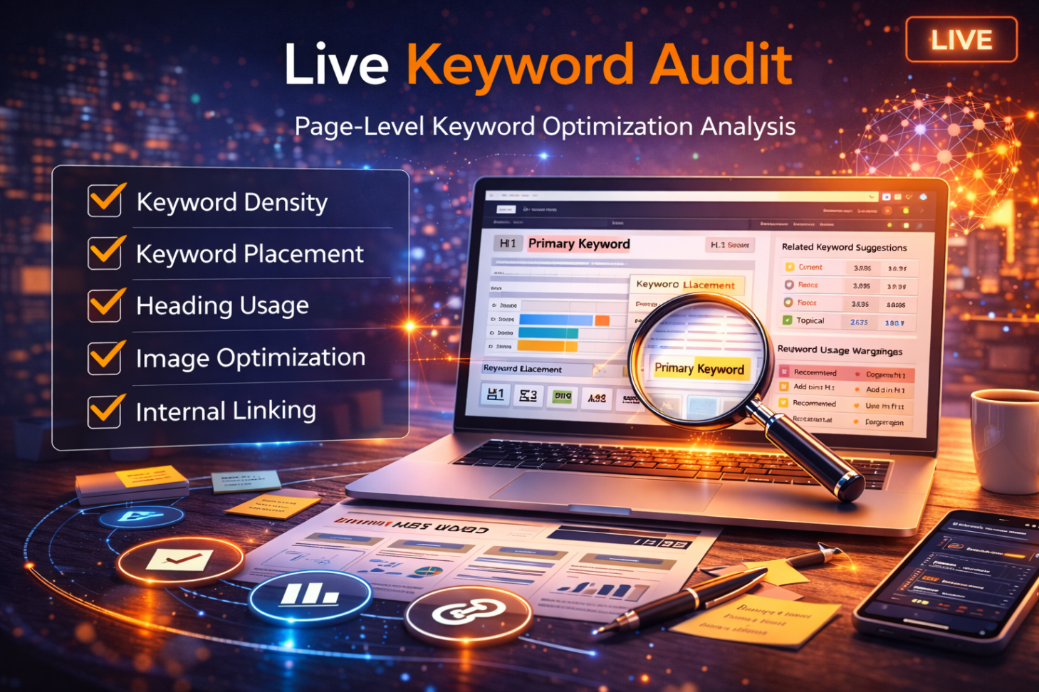 Live Keyword Audit: Analyze Keyword Density, Placement & Page Alignment